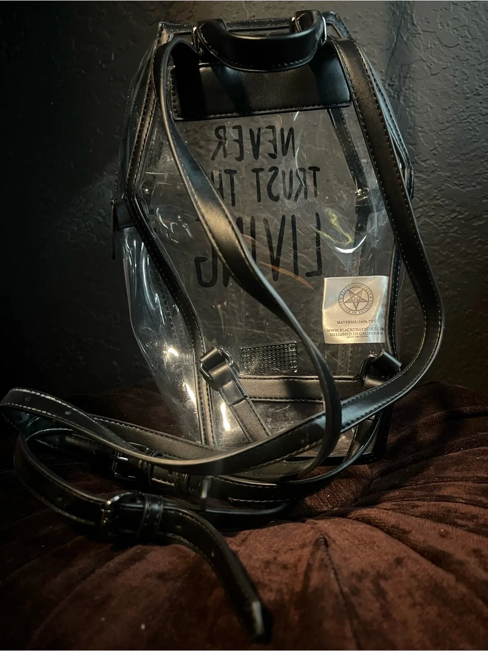 Never Trust the Living clear coffin backpack